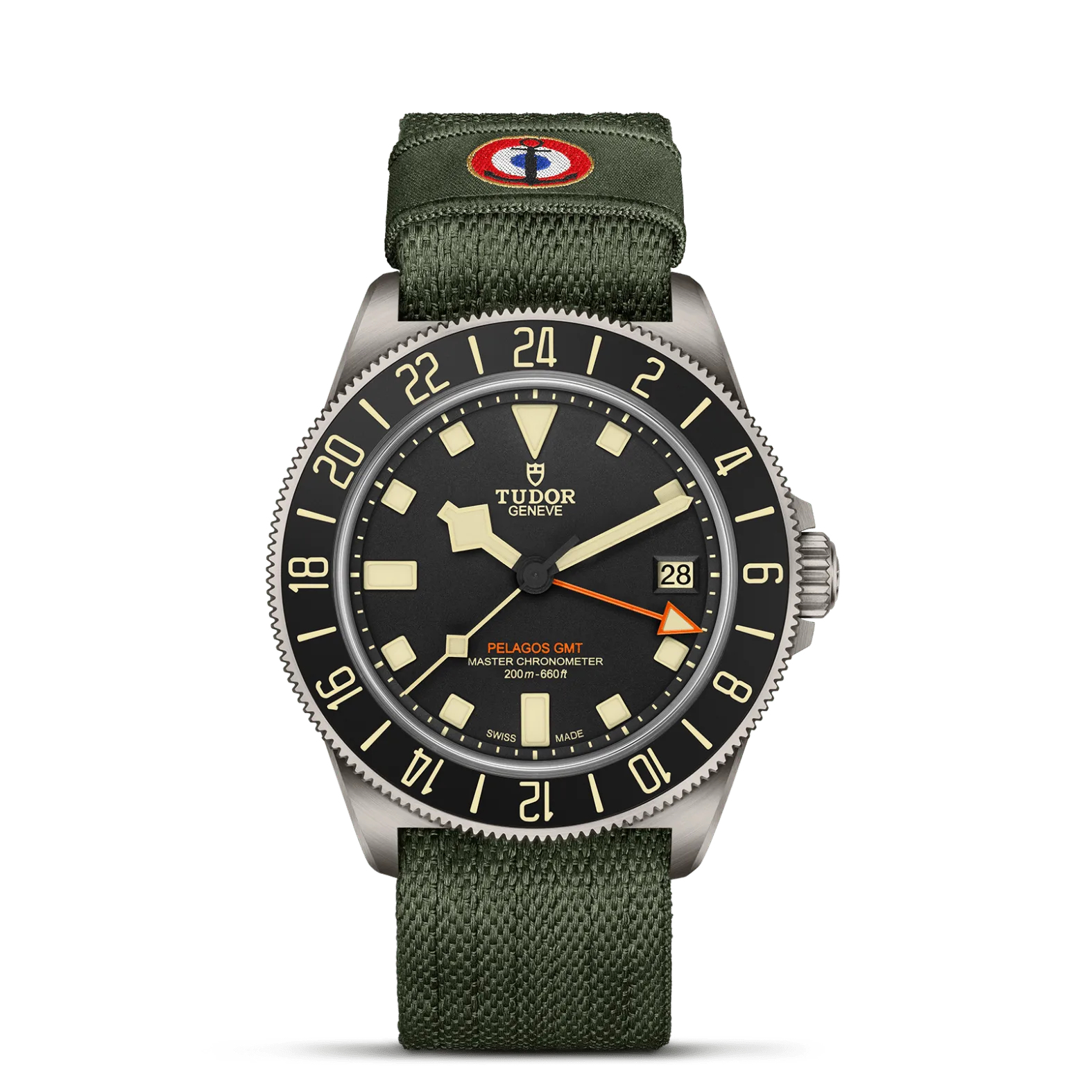 Pelagos FXD GMT, con Dial Matte black, hour markers painted beigey Bisel 24-hour bidirectional rotatable bezel in titanium with black ceramic insert