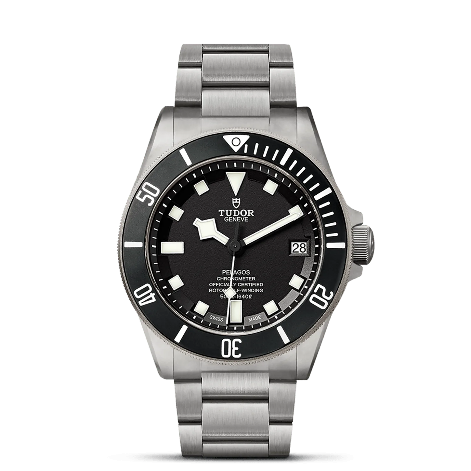 Pelagos, con Dial Black with white indexy Bisel Unidirectional rotatable bezel in titanium, graduated over 60 minutes with ceramic matt black disc and graduations with white luminescent material