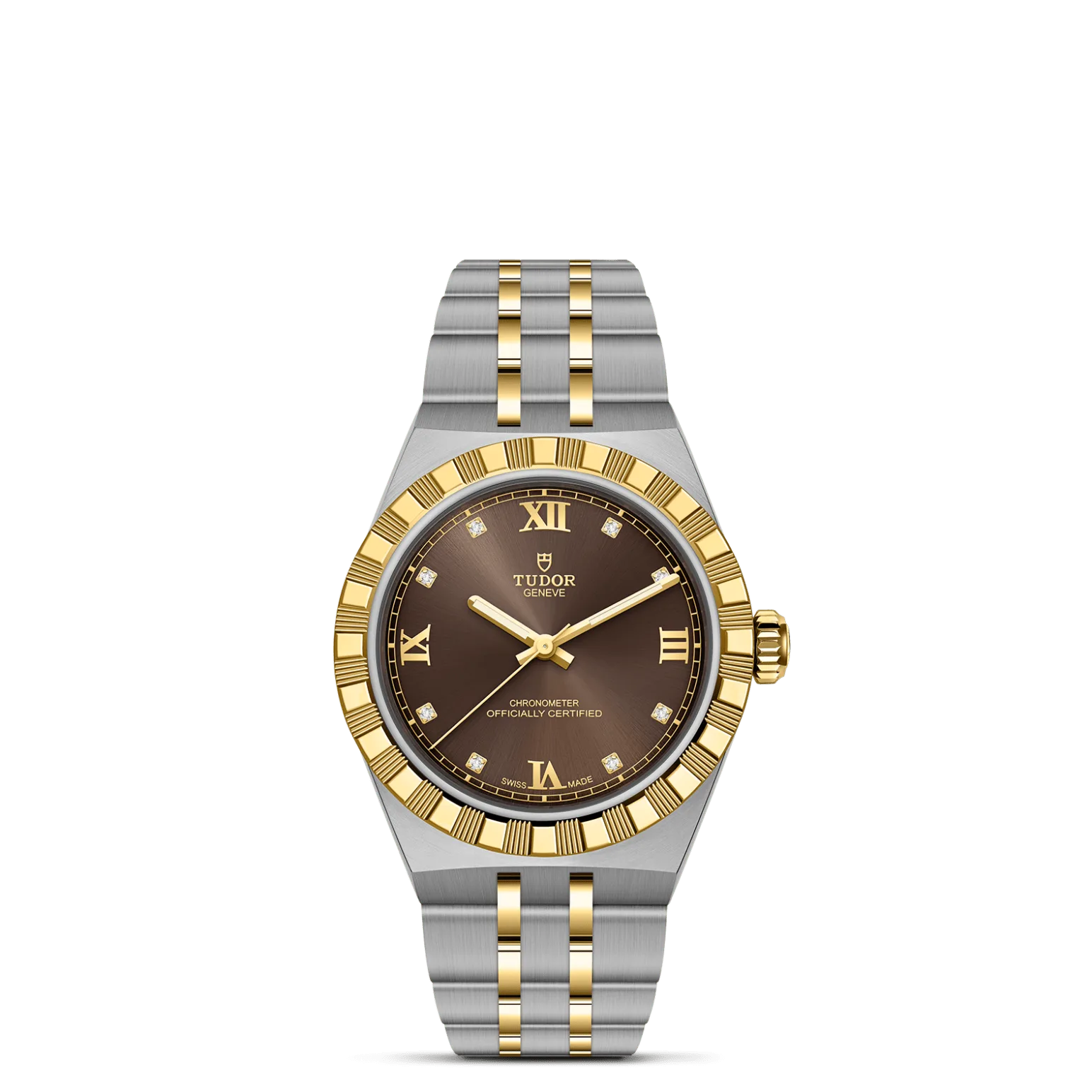 TUDOR Royal, con Dial Brown dial, applied Roman numeralsy Bisel Fixed bezel in solid yellow gold