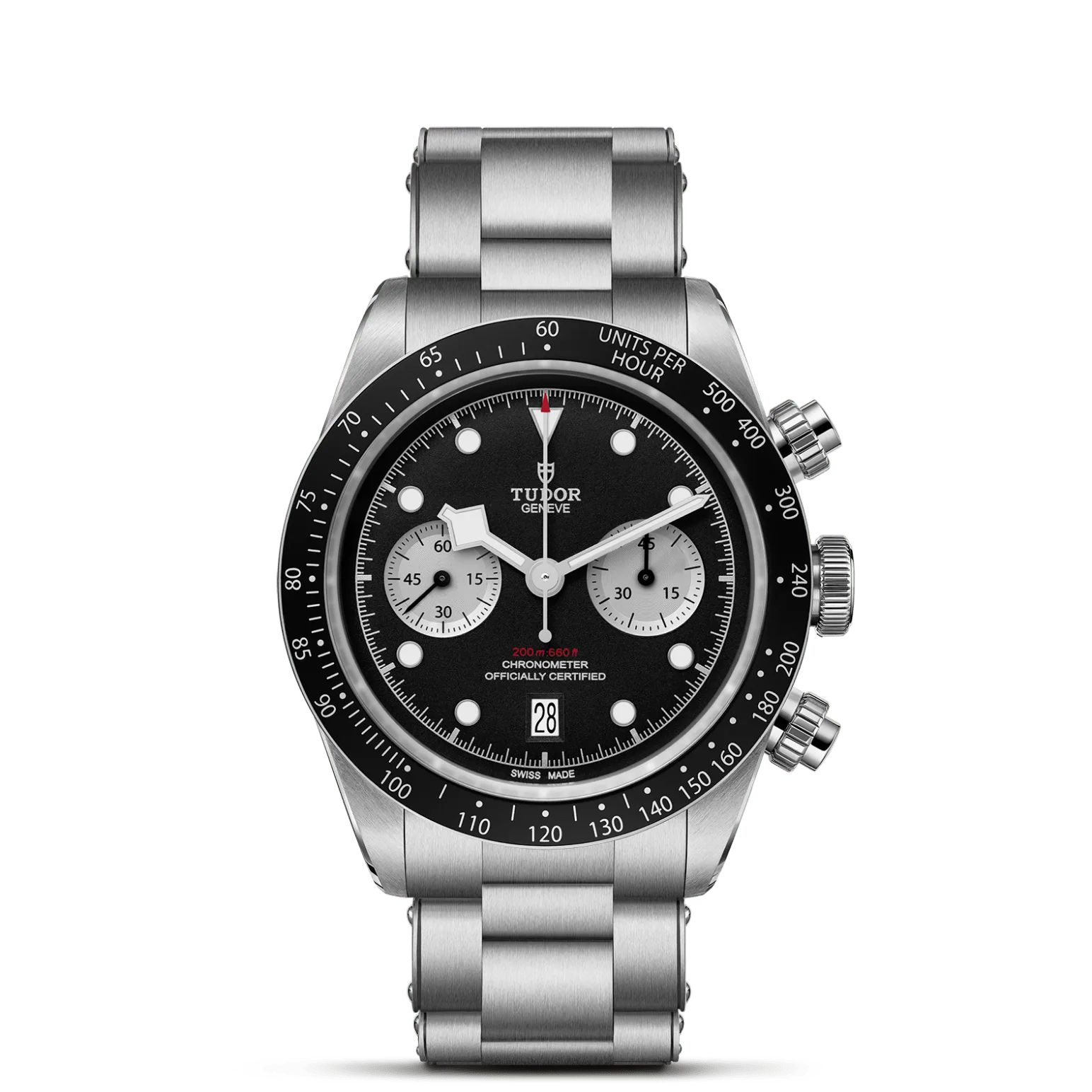 Black Bay Chrono, con Dial Black with silver counters, domedy Bisel Fixed stainless steel bezel with matt black anodised aluminium disc with tachymetric scale and silver markings