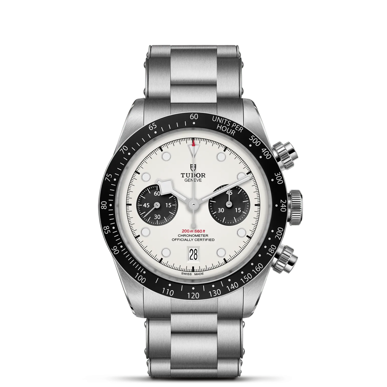 Black Bay Chrono, con Dial Opaline with black counters, domedy Bisel Fixed stainless steel bezel with matt black anodised aluminium disc with tachymetric scale and silver markings
