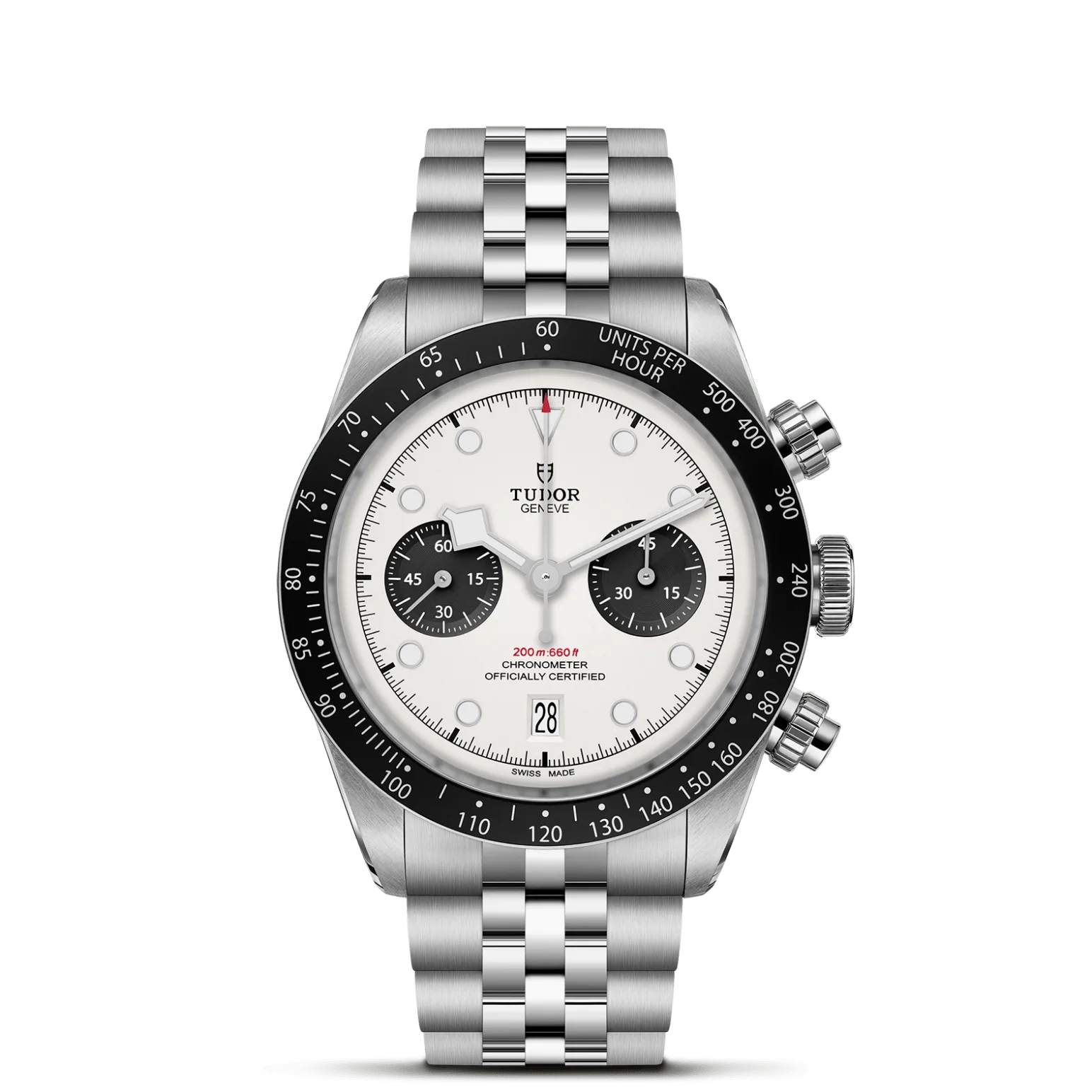 Black Bay Chrono, con Dial Opaline with black counters, domedy Bisel Fixed stainless steel bezel with matt black anodised aluminium disc with tachymetric scale and silver markings