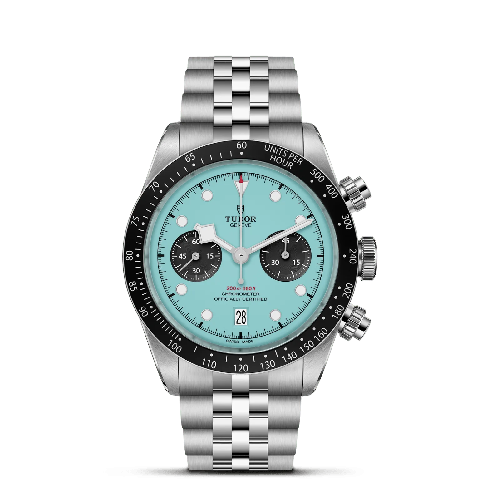 Black Bay Chrono, con Dial Turquoise with black counters, domedy Bisel Fixed stainless steel bezel with matt black anodised aluminium disc with tachymetric scale and silver markings