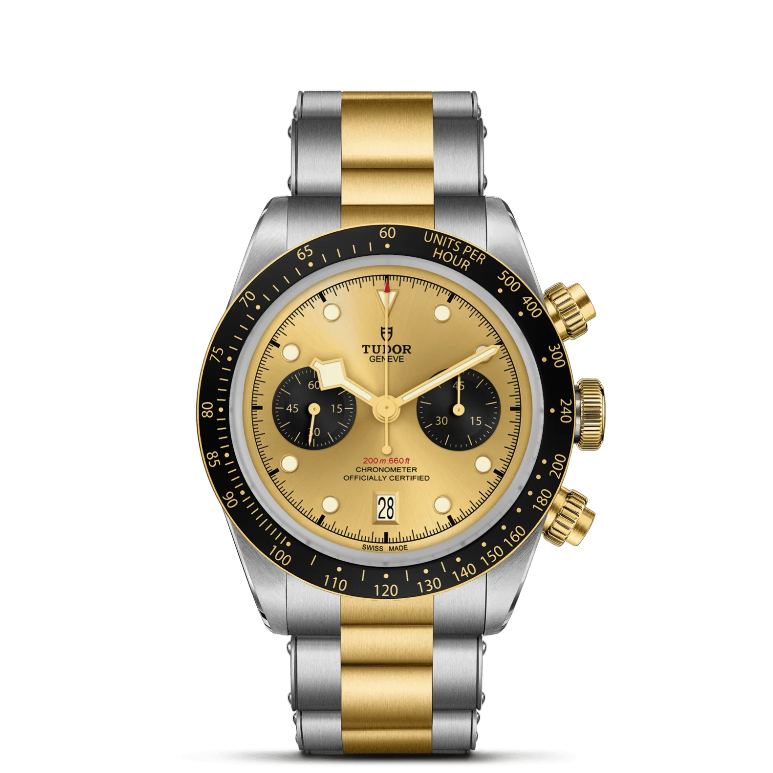 Black Bay Chrono S&G, con Dial Champagne-colour with black counters, domedy Bisel Fixed solid yellow gold bezel with matt black anodised aluminium disc with tachymetric scale, yellow gold markings