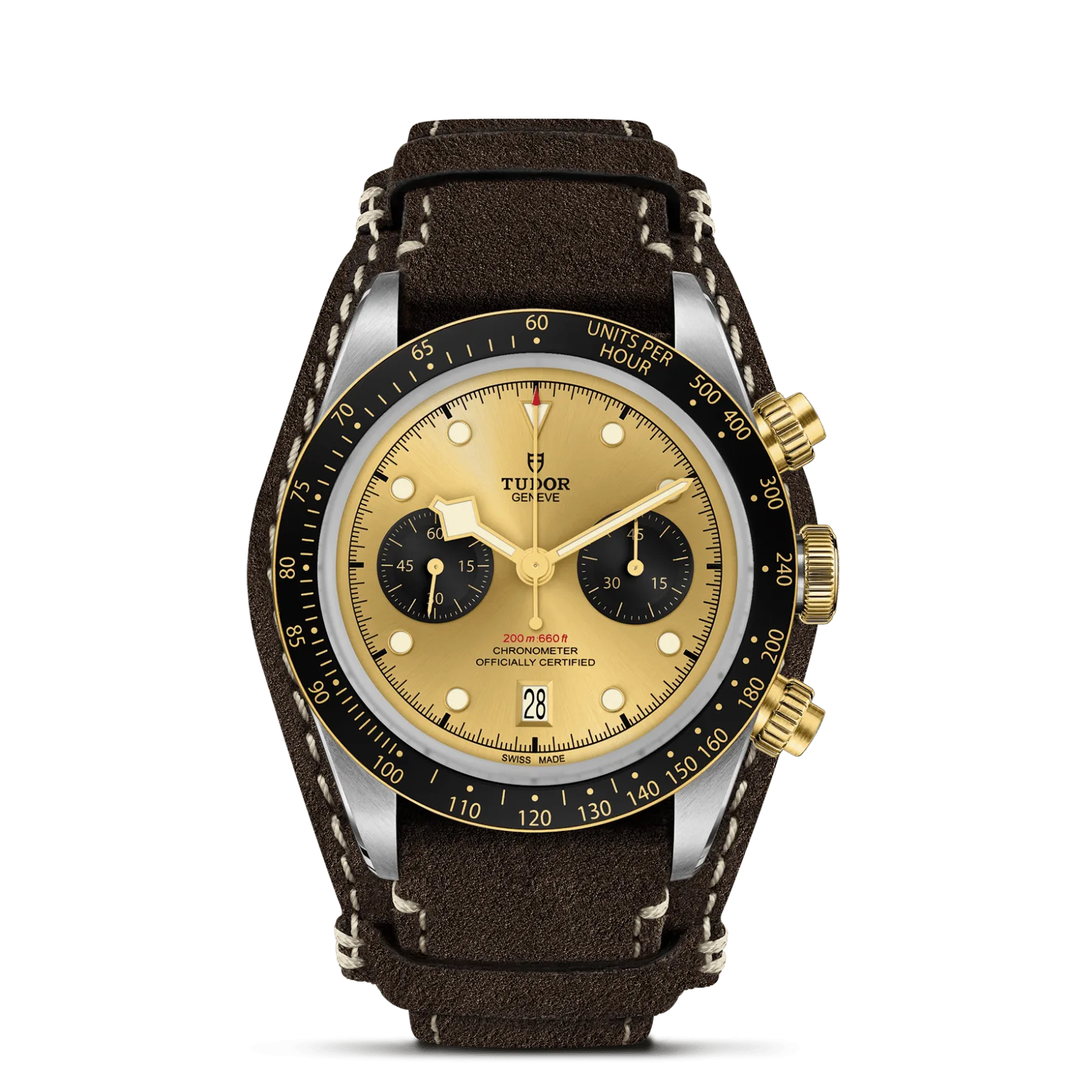 Black Bay Chrono S&G, con Dial Champagne-colour with black counters, domedy Bisel Fixed solid yellow gold bezel with matt black anodised aluminium disc with tachymetric scale, yellow gold markings