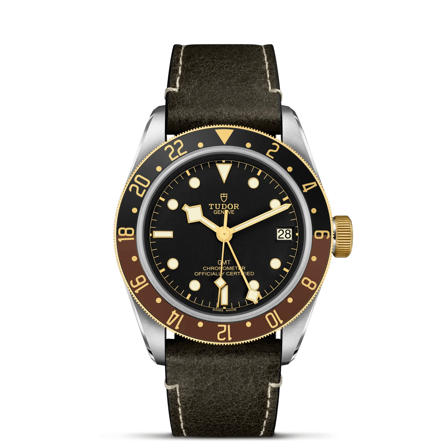Black Bay GMT S&G, con Dial Black, domedy Bisel 48-notch bidirectional rotating bezel with a steel core, covered by a 0.3mm yellow gold cap. 24-hour graduated matt brown and black anodised aluminium disc