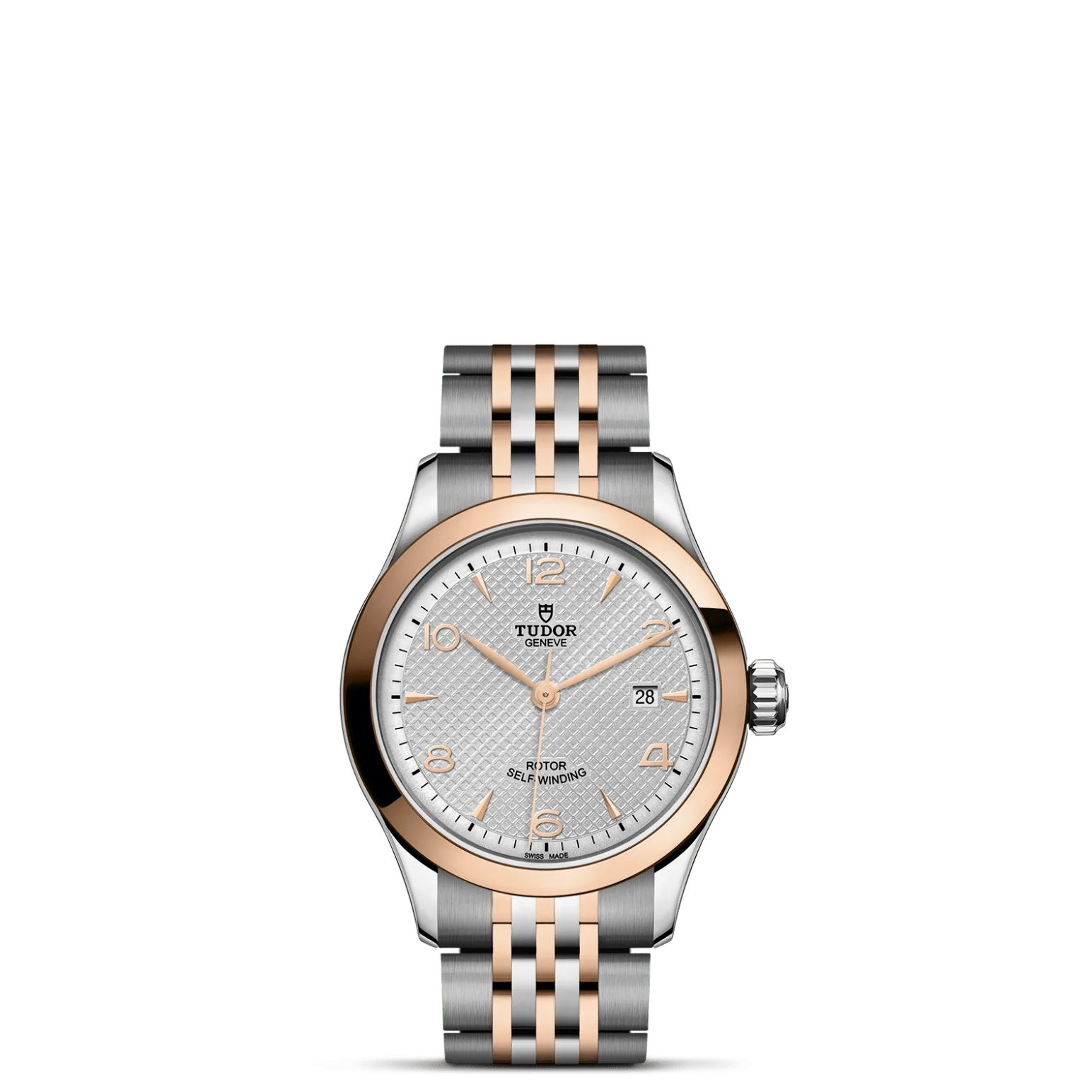 TUDOR 1926, con Dial Silver, embossed decoration, domedy Bisel Smooth solid rose gold bezel with polished finish