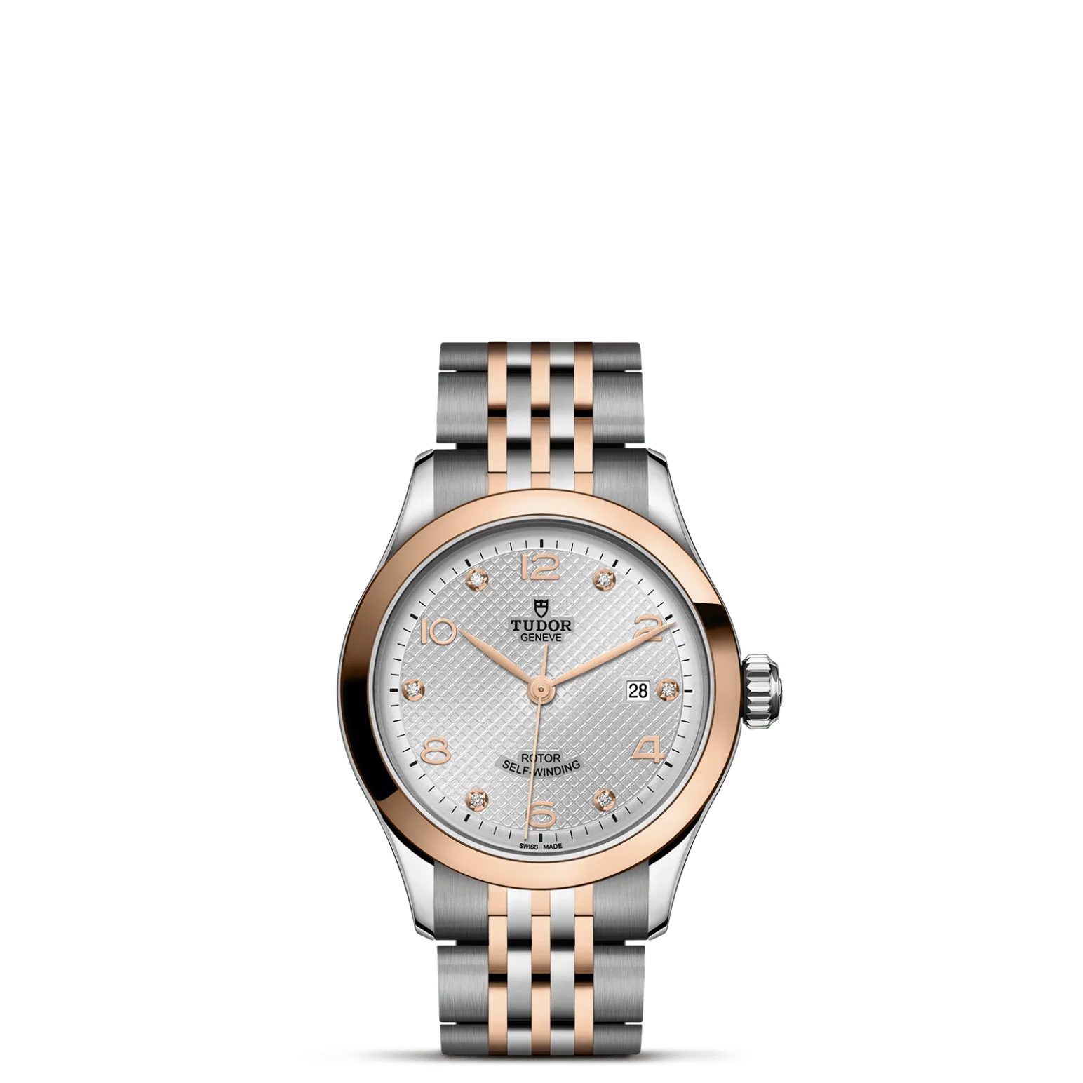 TUDOR 1926, con Dial Silver, embossed decoration, domed, with 6 diamondsy Bisel Smooth solid rose gold bezel with polished finish