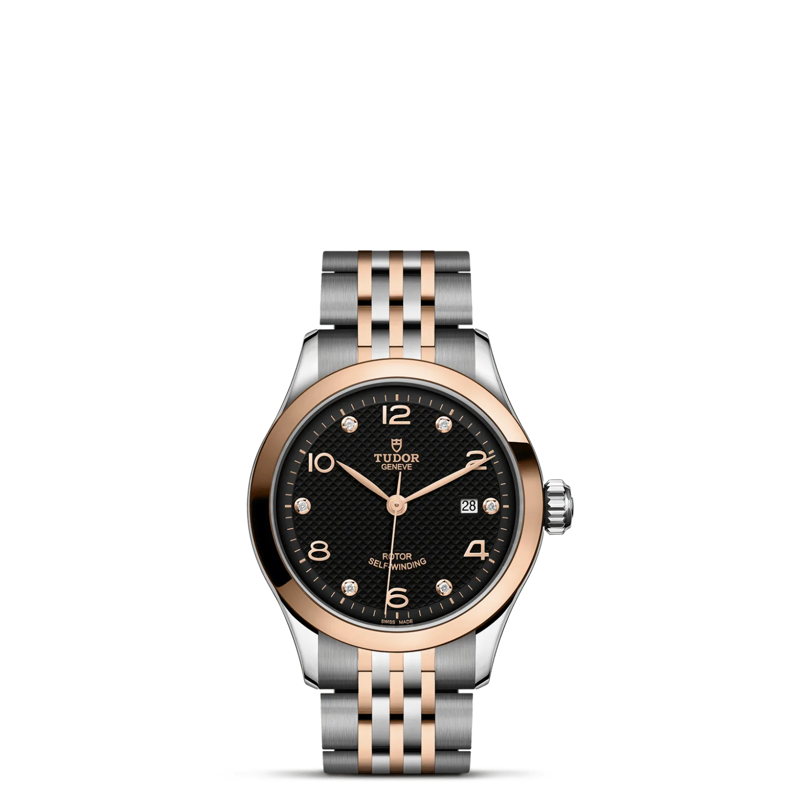 TUDOR 1926, con Dial Black, embossed decoration, domed, with 6 diamondsy Bisel Smooth solid rose gold bezel with polished finish