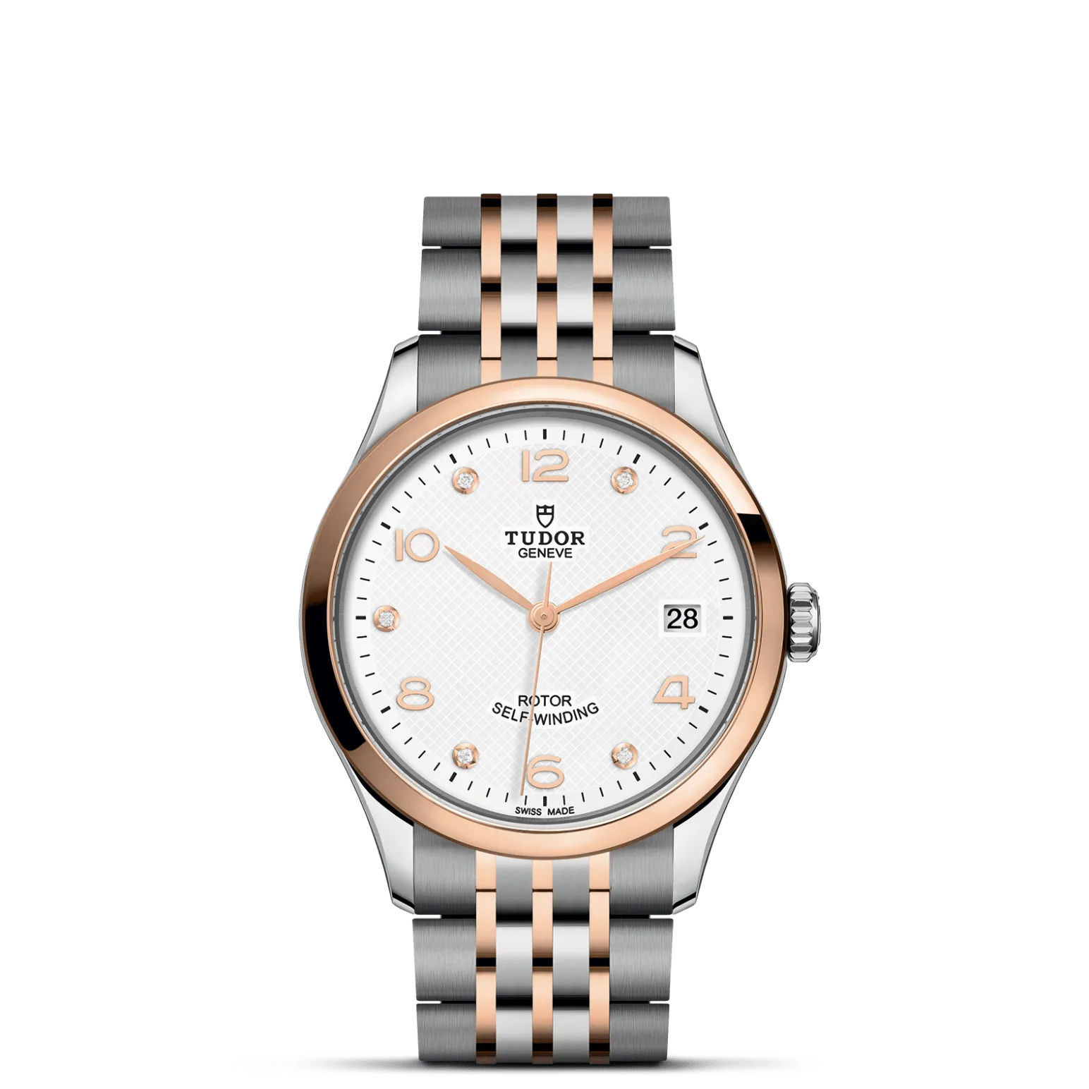 TUDOR 1926, con Dial White, embossed decoration, domed, with 5 diamondsy Bisel Smooth steel bezel with polished finish covered by a 0.3mm rose gold cap