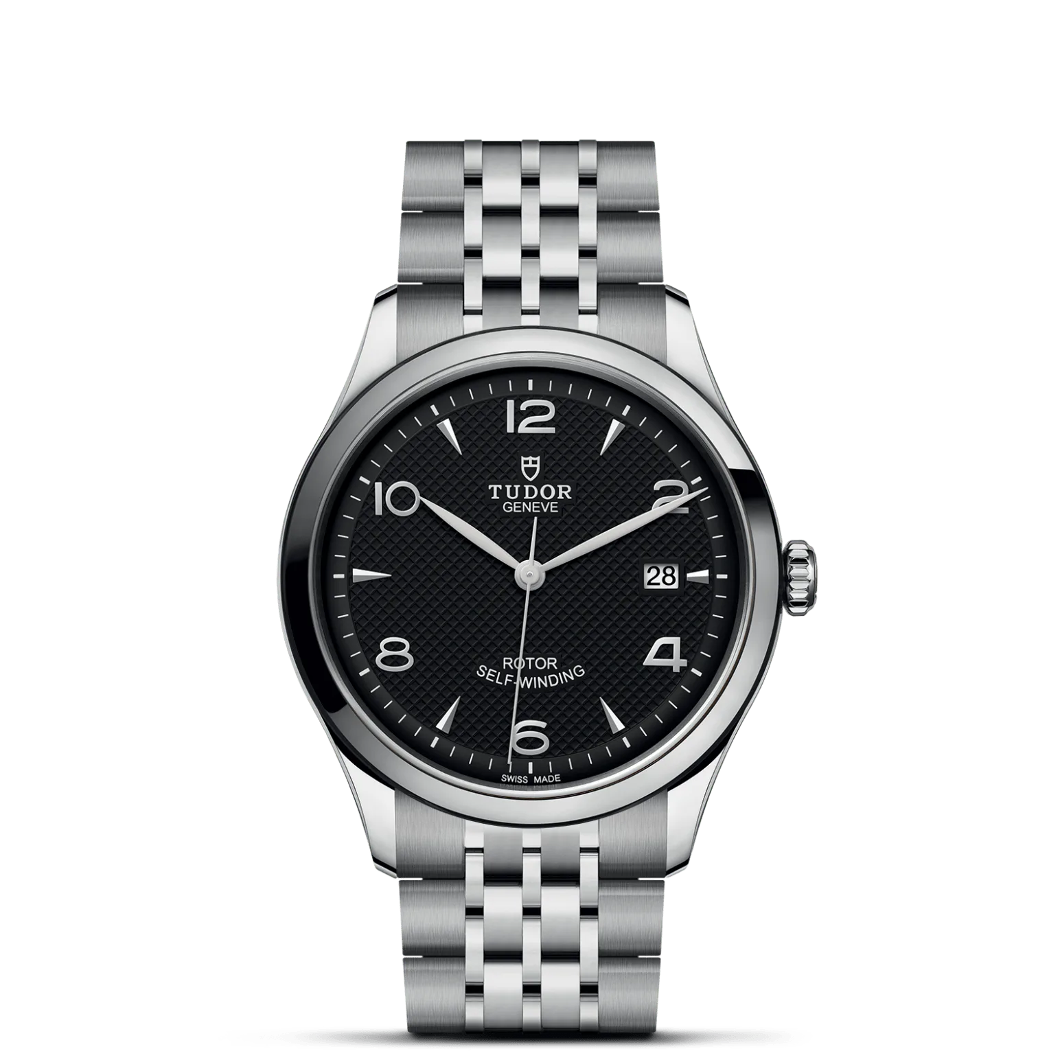 TUDOR 1926, con Dial Black, embossed decoration, domedy Bisel Smooth steel bezel with polished finish