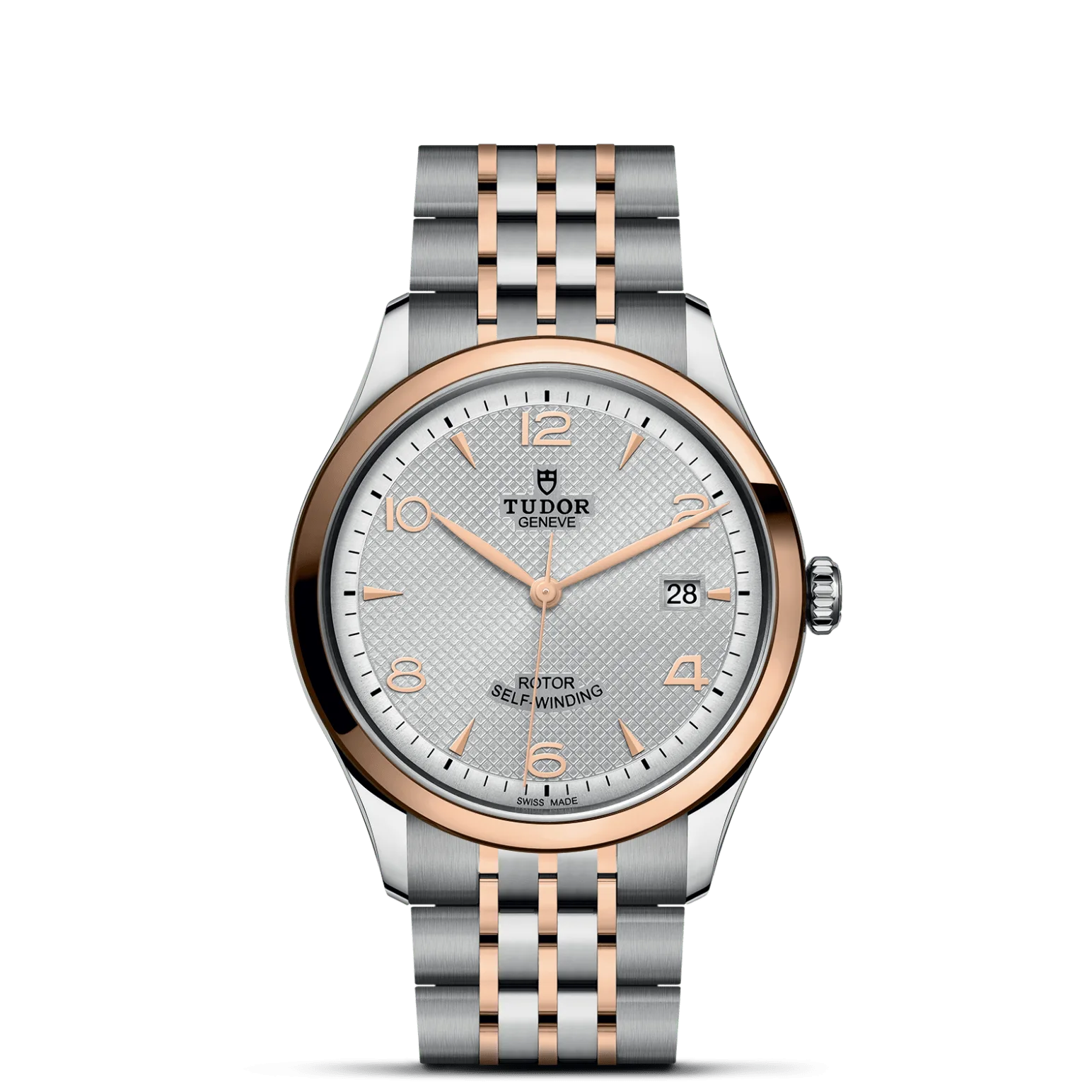 TUDOR 1926, con Dial Silver, embossed decoration, domedy Bisel Smooth steel bezel with polished finish covered by a 0.3mm rose gold cap
