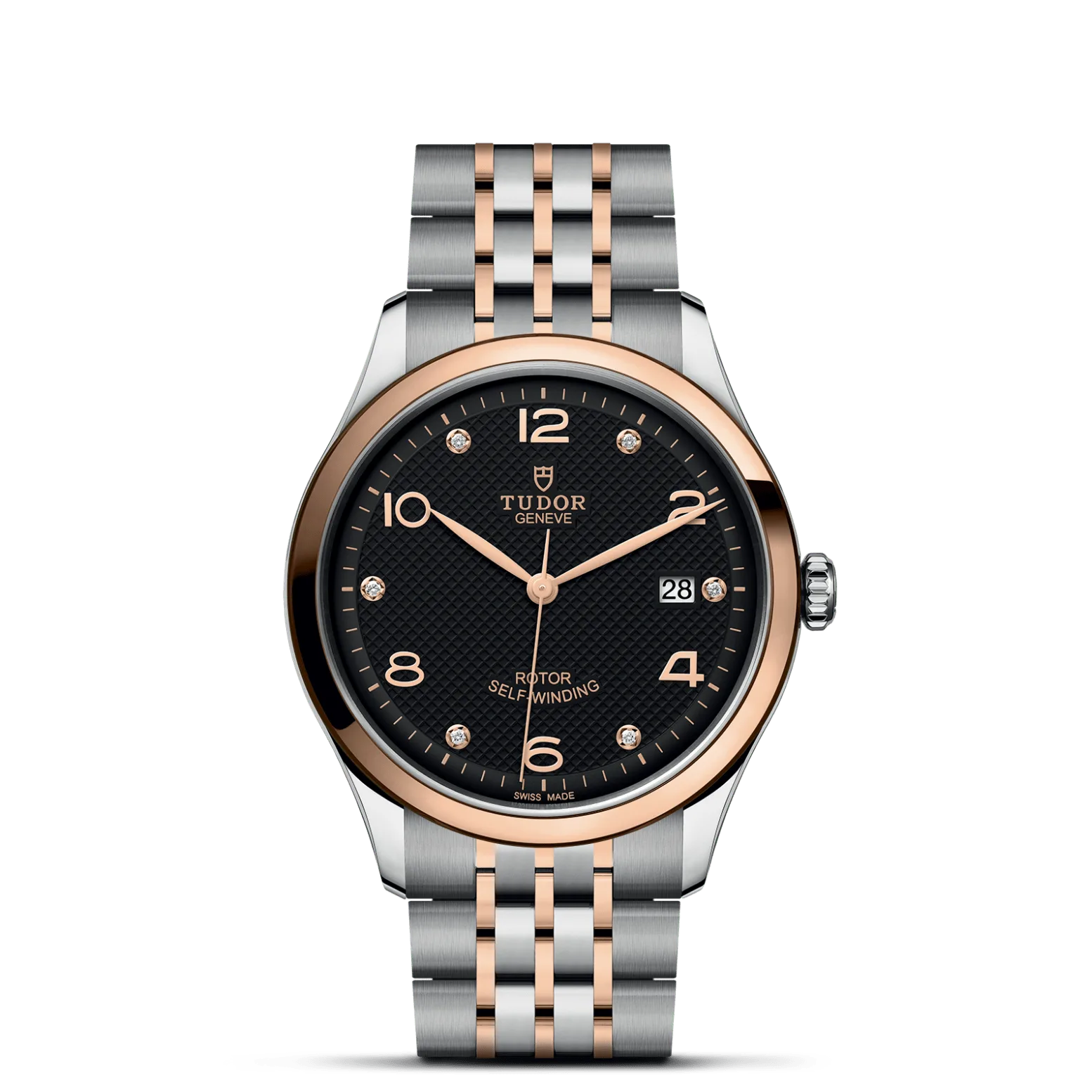 TUDOR 1926, con Dial Black, embossed decoration, domed, with 6 diamondsy Bisel Smooth steel bezel with polished finish covered by a 0.3mm rose gold cap