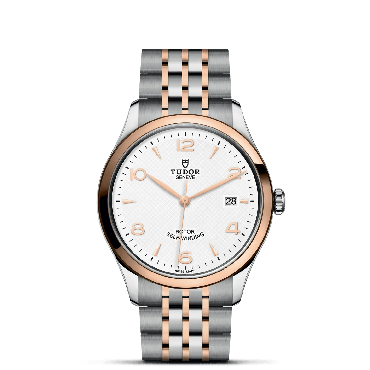 TUDOR 1926, con Dial White, embossed decoration, domedy Bisel Smooth steel bezel with polished finish covered by a 0.3mm rose gold cap