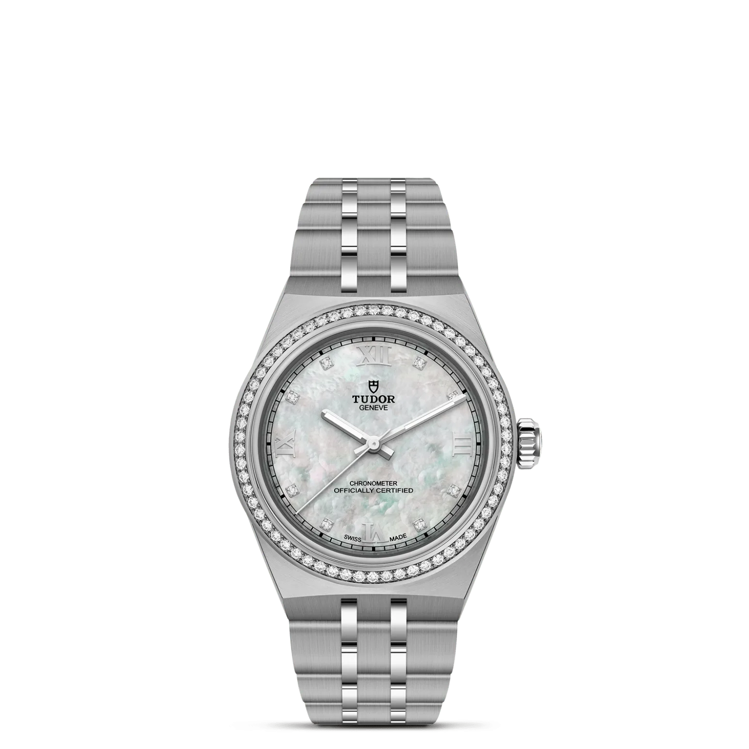 TUDOR Royal, con Dial Esfera de nácar, números romanosy Bisel Bisel de acero inoxidable engastado de diamantes