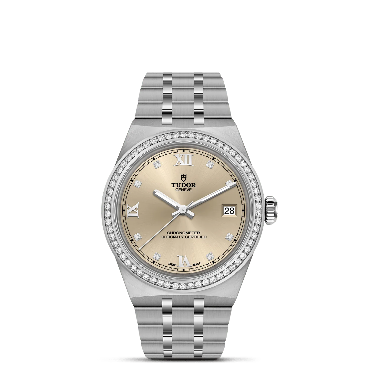 TUDOR Royal, con Dial Esfera marfil, números romanosy Bisel Bisel de acero inoxidable engastado de diamantes