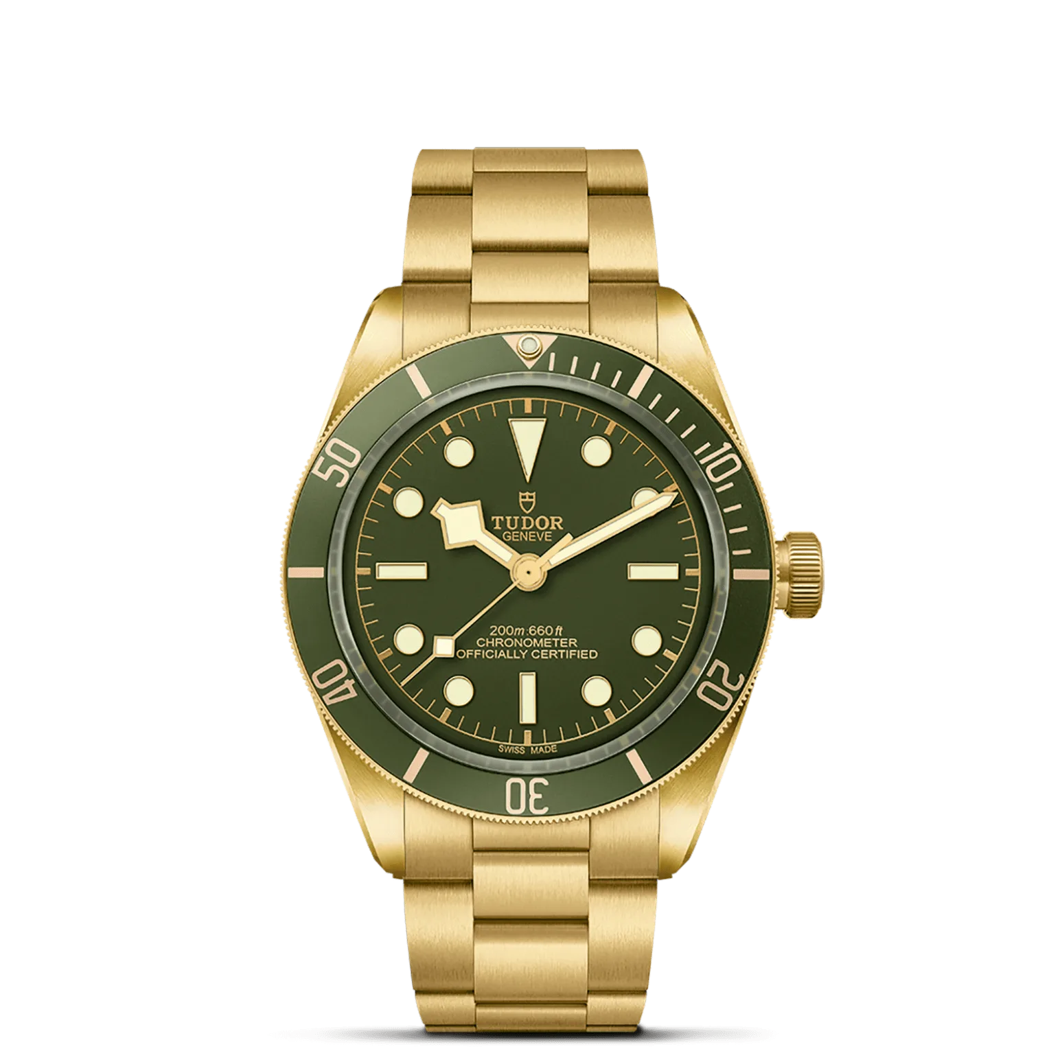 Black Bay 58 18K, con Dial Verde, abombaday Bisel Bisel giratorio unidireccional de oro amarillo de 18 quilates con disco de aluminio anodizado verde mate con graduación de 60 minutos y marcas y números bañados de oro