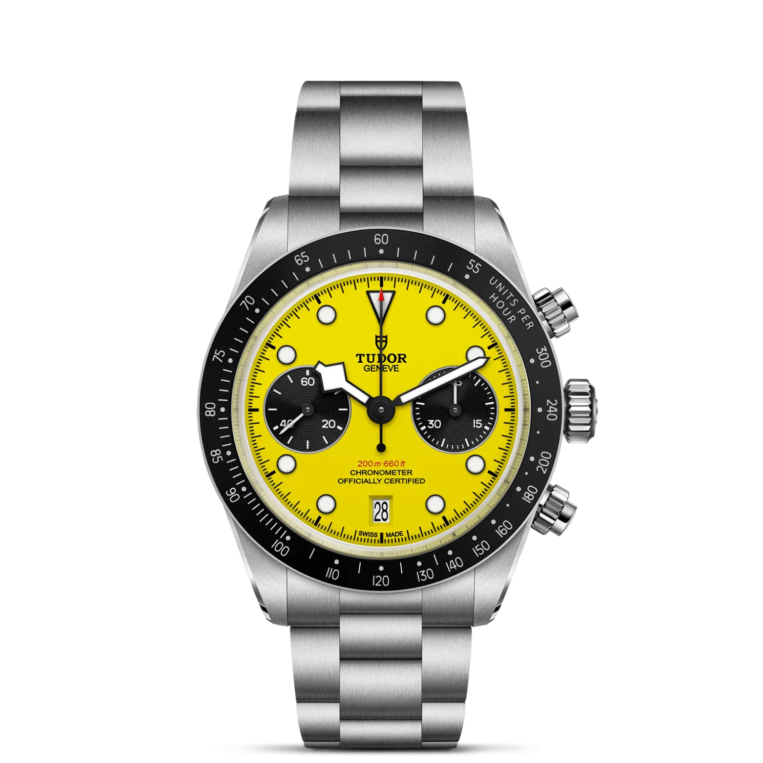 Black Bay Chrono 39, con Dial Amarilla con subcontadores negros, abombaday Bisel Bisel fijo de acero inoxidable con disco de aluminio anodizado negro y escala taquimétrica con marcas plateadas