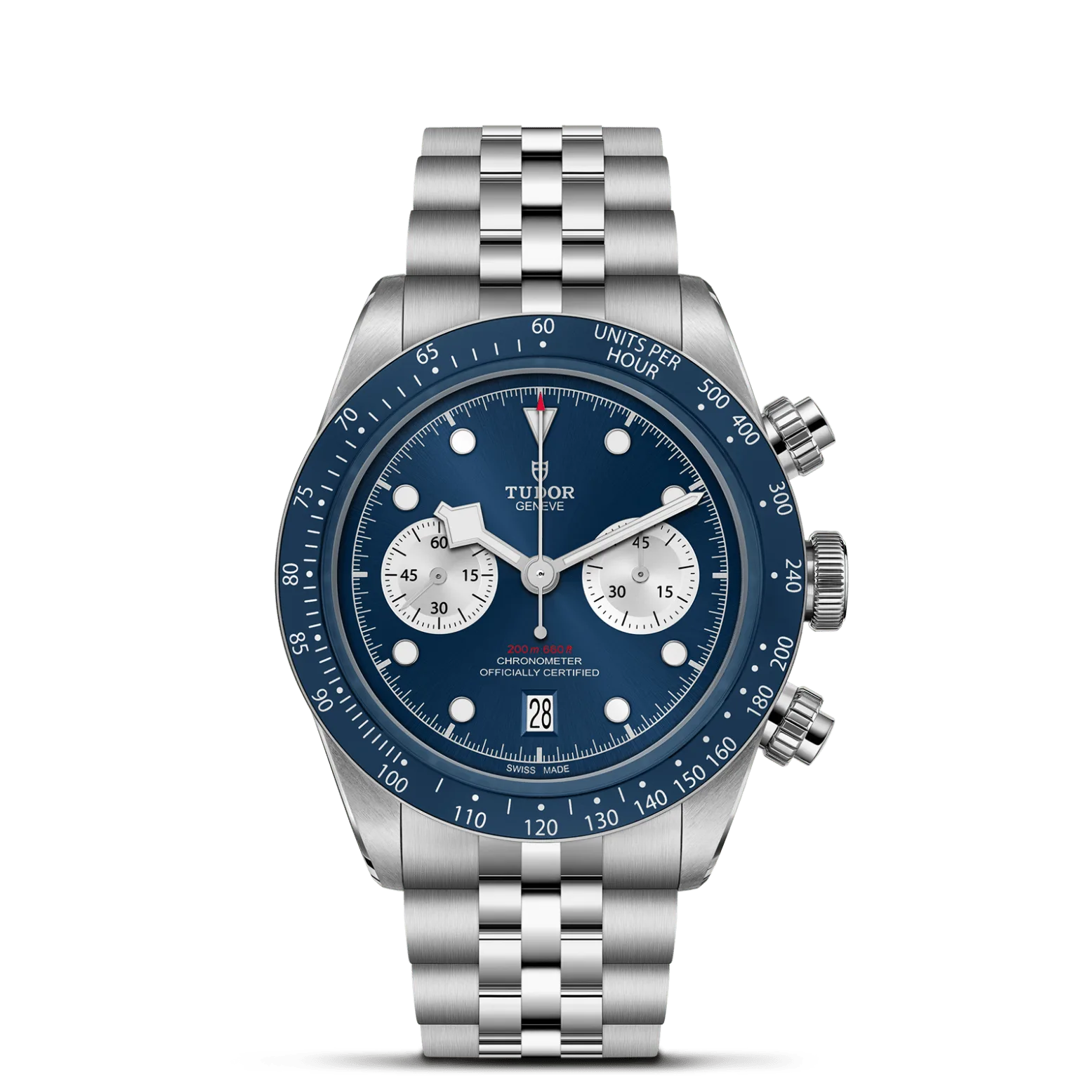 Black Bay Chrono, con Dial Azul con contadores de plata, abombaday Bisel Bisel fijo de acero inoxidable con disco de aluminio anodizado azul y escala taquimétrica con marcas plateadas