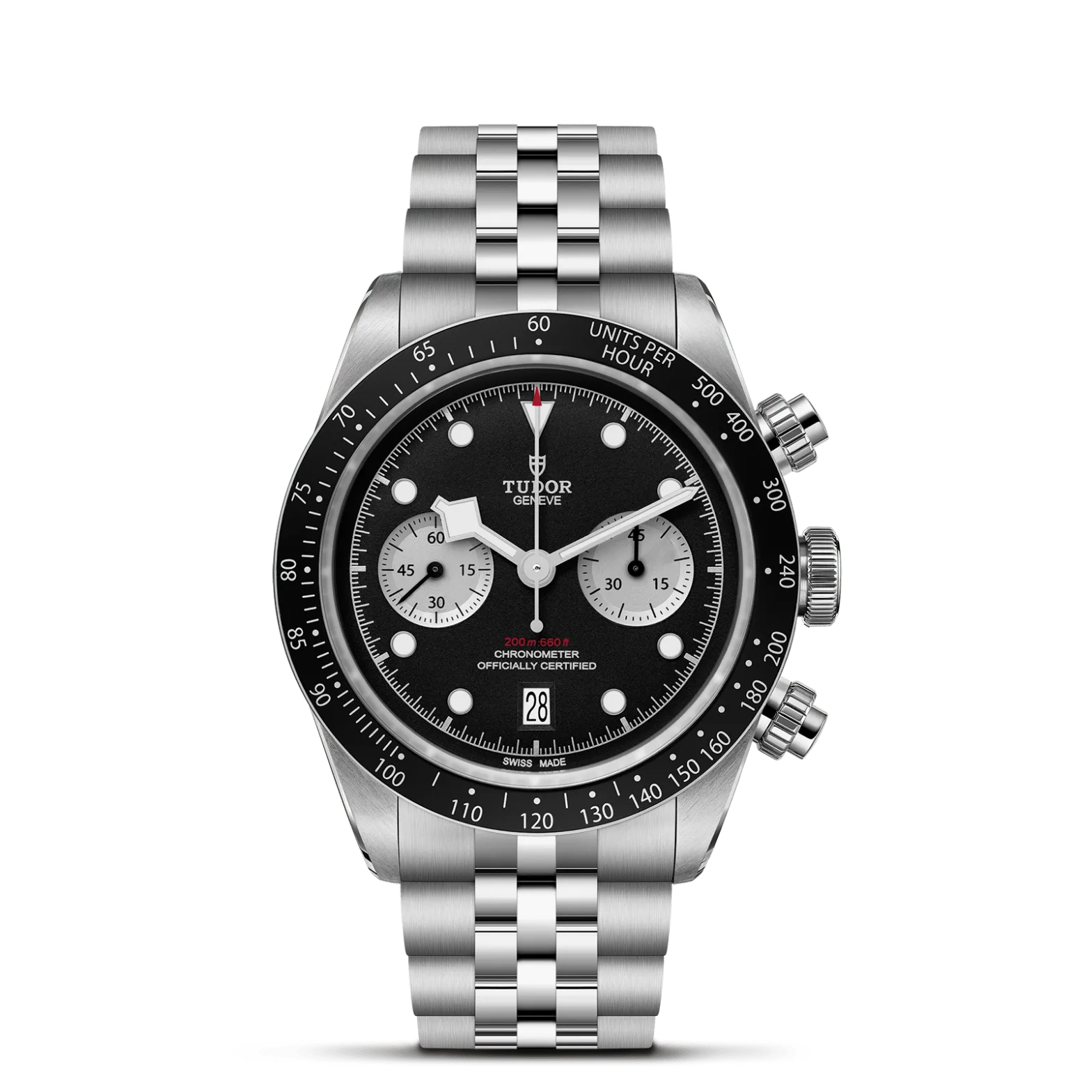Black Bay Chrono, con Dial Negra con contadores de plata, abombaday Bisel Bisel fijo de acero inoxidable con disco de aluminio anodizado negro mate con escala taquimétrica y marcas en plata