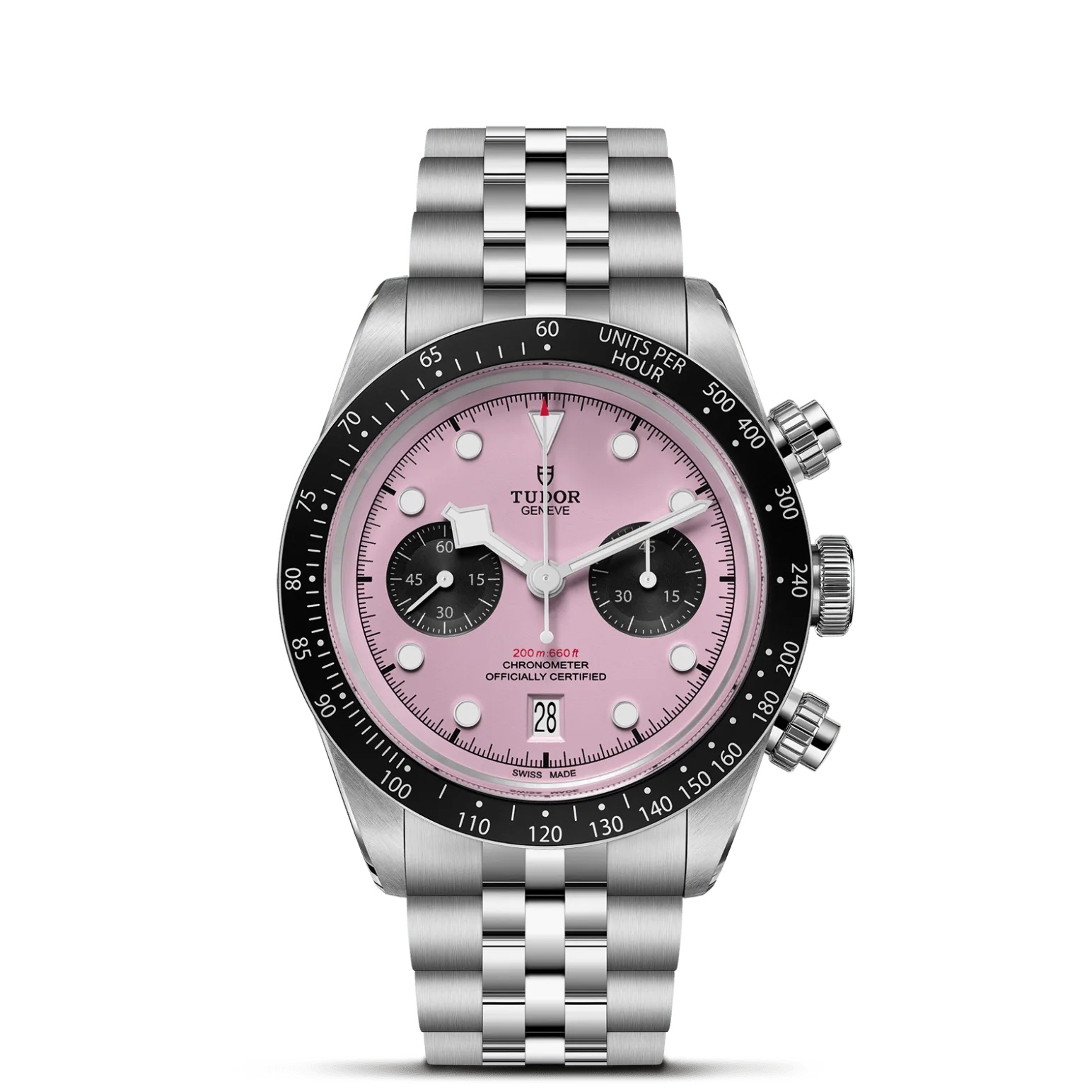 Black Bay Chrono, con Dial Rosa con contadores negros, abombaday Bisel Bisel fijo de acero inoxidable con disco de aluminio anodizado negro mate con escala taquimétrica y marcas en plata
