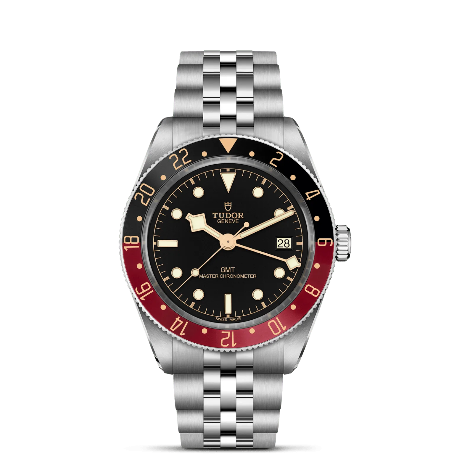 Black Bay 58 GMT, con Dial Negra, abombada, con marcadores de hora con apliques doradosy Bisel Bisel giratorio bidireccional 24 horas de acero inoxidable y disco de aluminio anodizado negro y burdeos mate