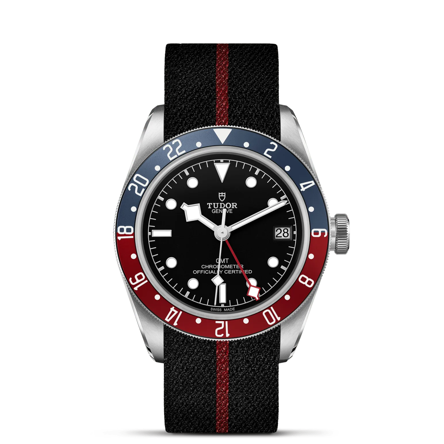 Black Bay GMT, con Dial Negra, abombaday Bisel Bisel giratorio bidireccional de acero con 48 muescas, disco de aluminio anodizado azul mate y burdeos mate, con graduación de 24 horas
