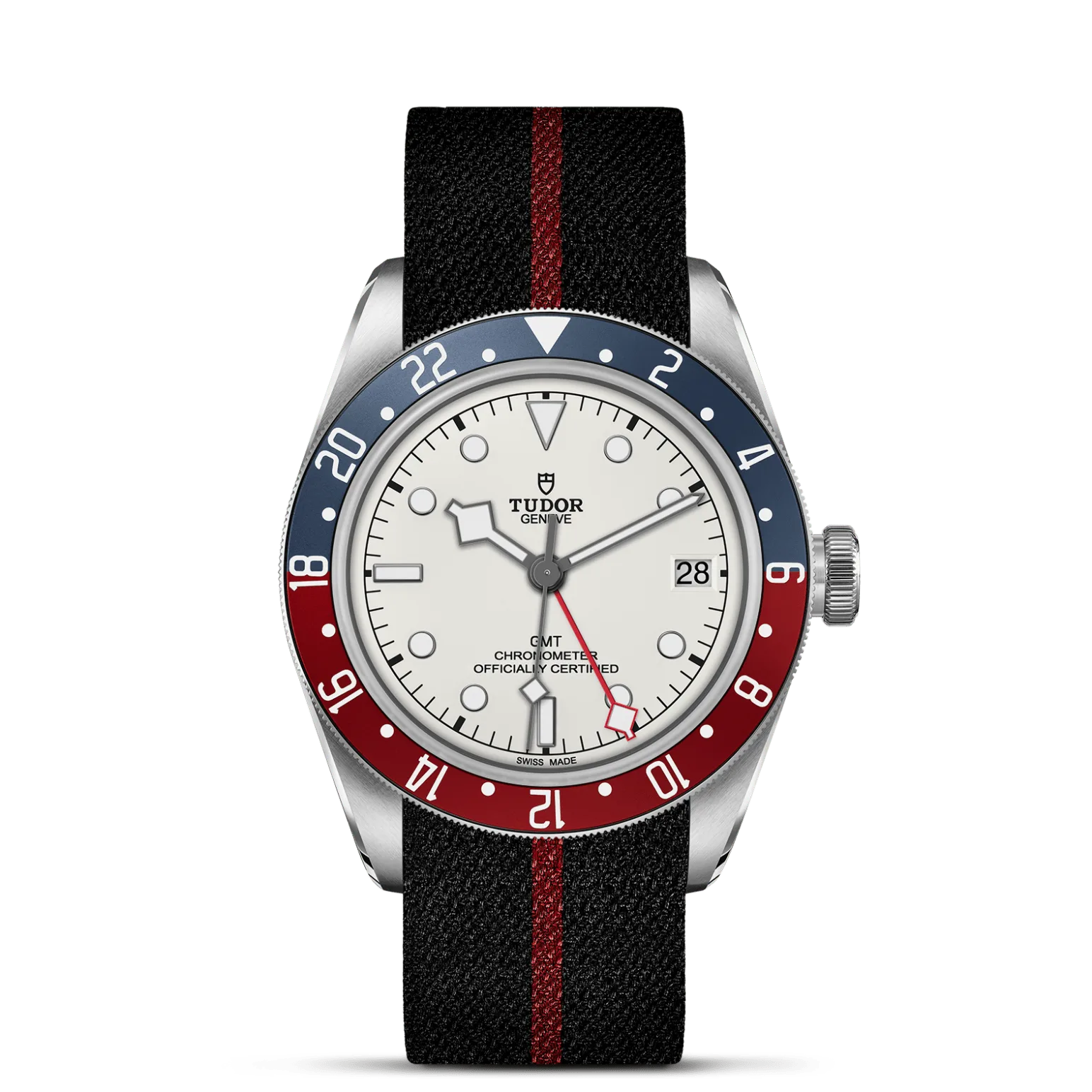 Black Bay GMT, con Dial Esfera opalina abombada con acabado galvánicoy Bisel Bisel giratorio bidireccional de acero con 48 muescas, disco de aluminio anodizado azul mate y burdeos mate, con graduación de 24 horas