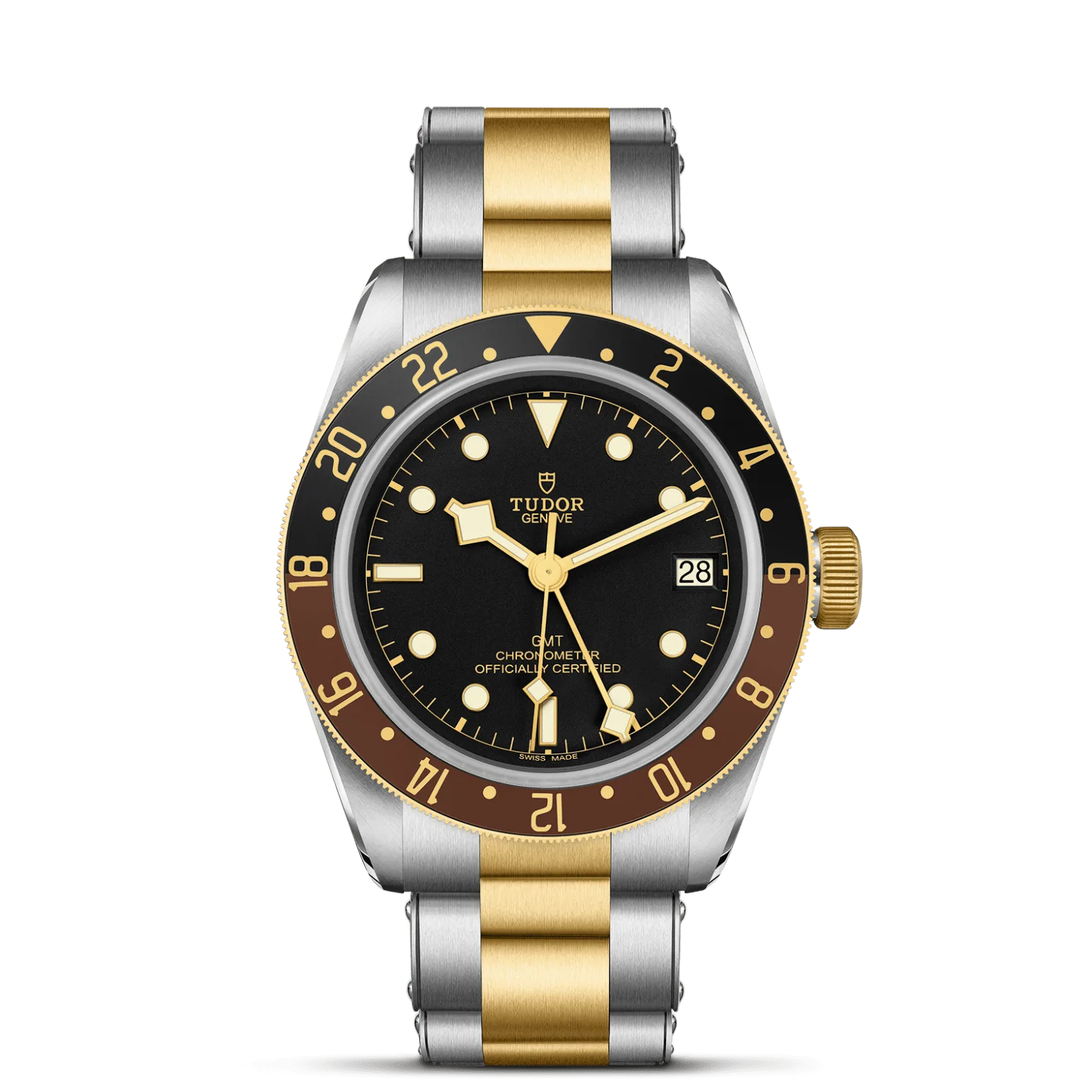 Black Bay GMT S&G, con Dial Negra, abombaday Bisel Bisel giratorio bidireccional de 48 muescas con un núcleo de acero recubierto de 0,3 mm de oro amarillo. Disco de aluminio anodizado graduado 24 horas en color marrón y negro mate