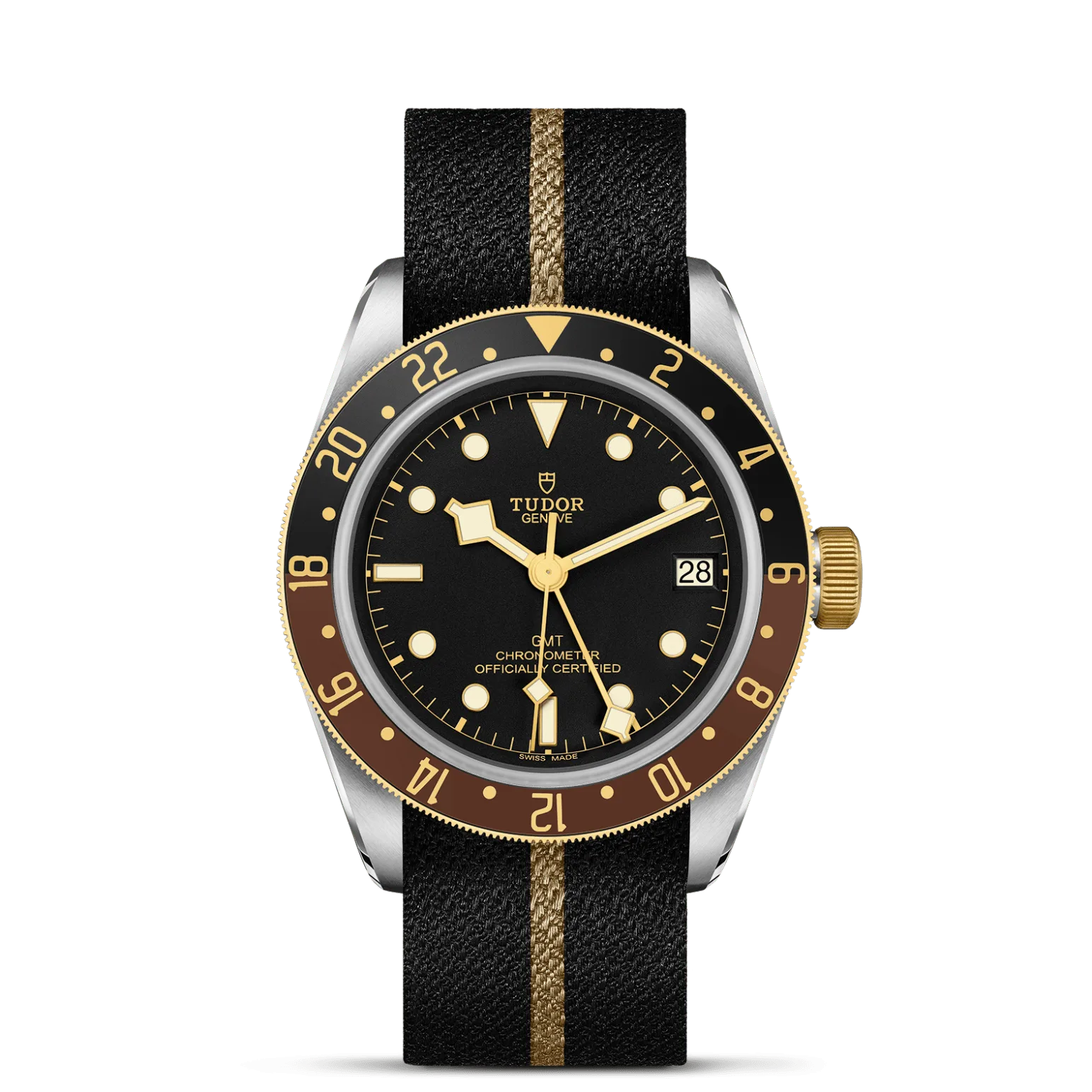 Black Bay GMT S&G, con Dial Negra, abombaday Bisel Bisel giratorio bidireccional de 48 muescas con un núcleo de acero recubierto de 0,3 mm de oro amarillo. Disco de aluminio anodizado graduado 24 horas en color marrón y negro mate