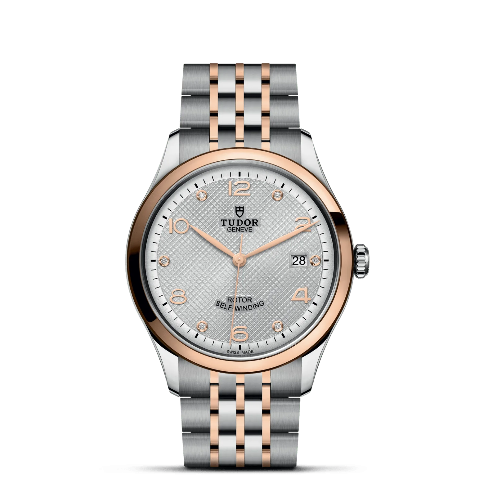 TUDOR 1926, con Dial Plateada, decorada con elementos grabados, abombada, con 6 diamantesy Bisel Bisel liso de acero con acabado pulido recubierto de 0,3 mm de oro rosa
