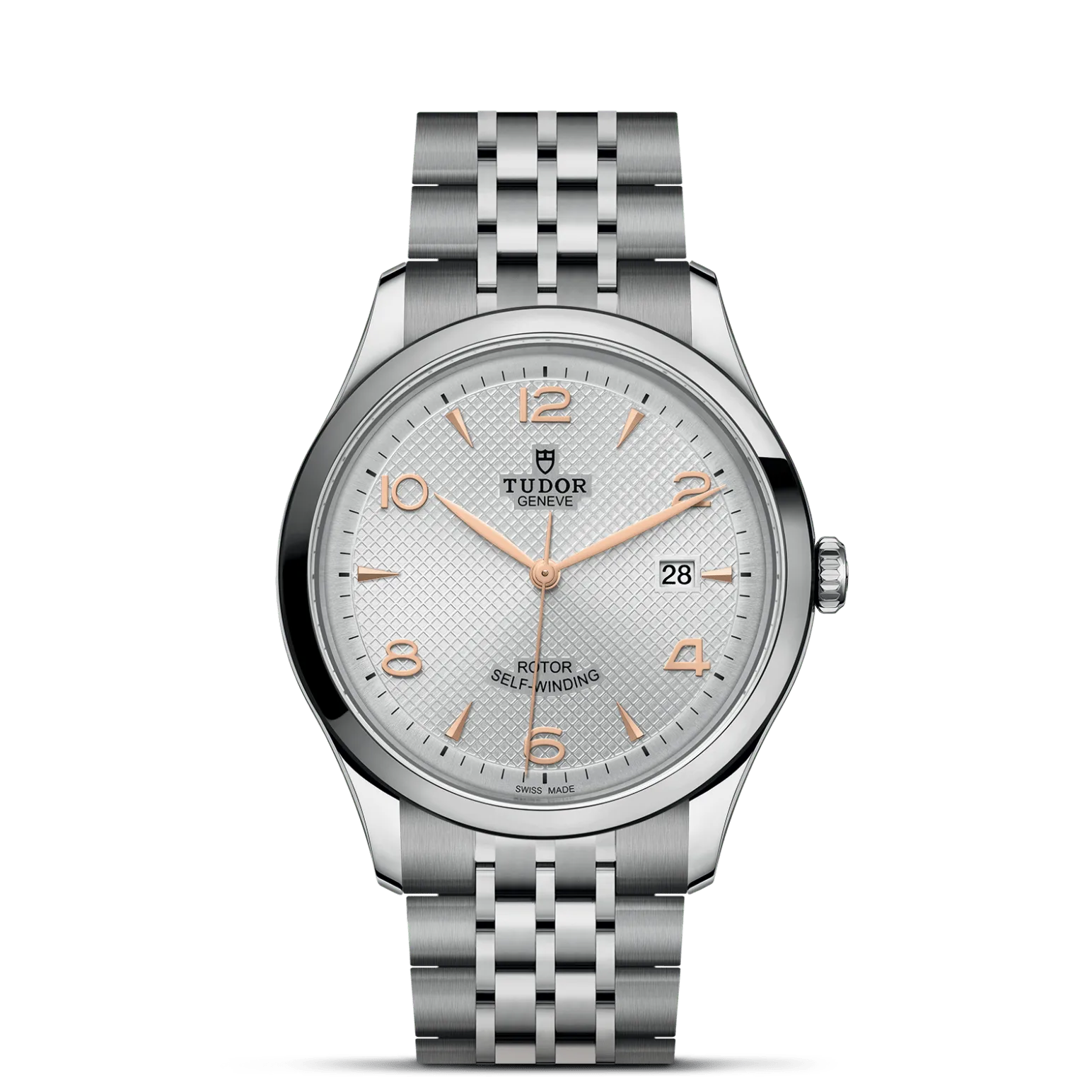 TUDOR 1926, con Dial Plateada, decorada con elementos grabados, abombaday Bisel Bisel liso de acero, acabado pulido